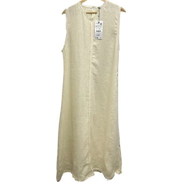 NWT ZARA 100% Linen Minimalist Sleeveless Shift Natural Vanilla  Midi Dress - Picture 3 of 14